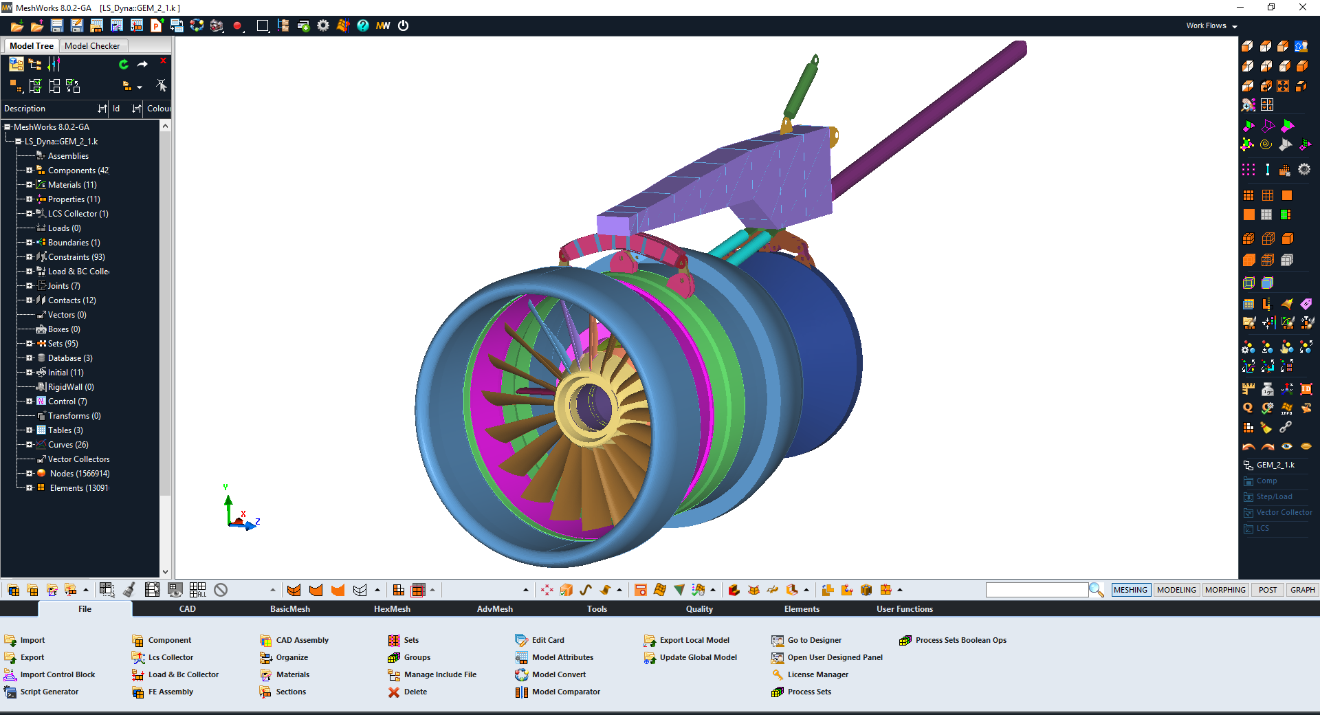 Snapshot of the DEP MeshWorks GUI displaying an aircraft engine model, highlighting its versatility and advanced design tools.