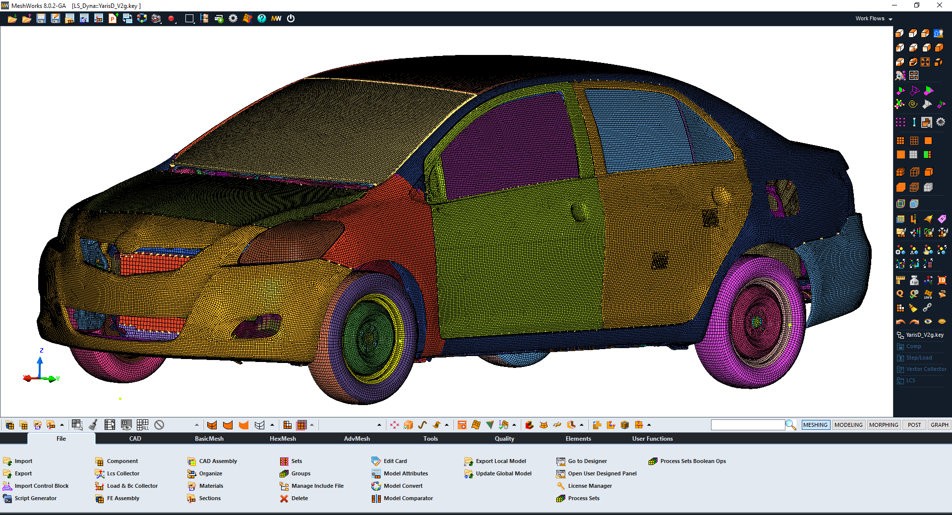 Snapshot of the DEP MeshWorks GUI displaying a vehicle meshed model, highlighting its versatility and advanced design tools.