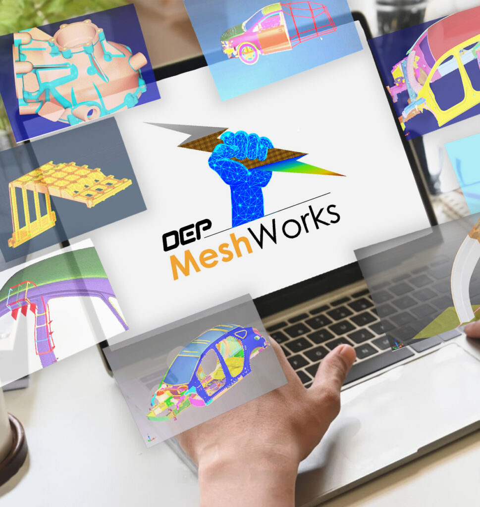 Laptop displaying various DEP MeshWorks applications on the screen, with a hand typing, symbolizing user-friendly design and efficient workflows.